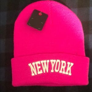 New with tags neon hot pink New York Beanie